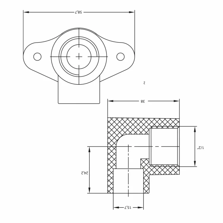 IDMAR Kolano CPVC z uchwytem 15 x 1/2 " GW system klejony kod produktu: CPVCKU015XGW015.30 schemat