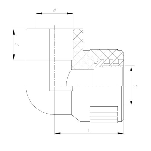 IDMAR Kolano PP 16x1/2&amp;quot; 90 stopni gwint wewnętrzny; PPRZKGW016X1/2.1009 schemat