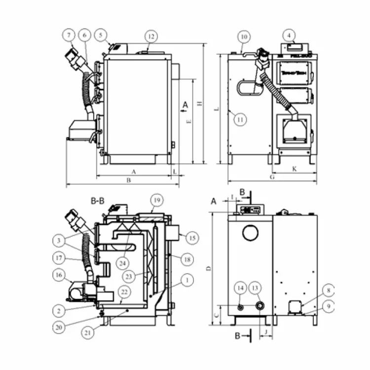 TERMO-TECH Kocioł pelletowy PELL DUO+ 18kW z automatycznym rozpalaniem, wygaszaniem i podajnikiem z prawej strony;  001KRS-PLD-018-0P