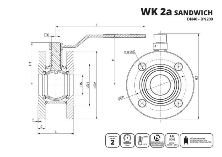 IDMAR Zawór kulowy kołnierzowy do wody DN125 WK2A Sandwich 1.6MPa - schemat