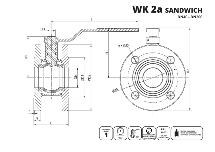 IDMAR Zawór kulowy kołnierzowy do gazu DN65 WK2a 1.6MPa Sandwich; APA06500016820
