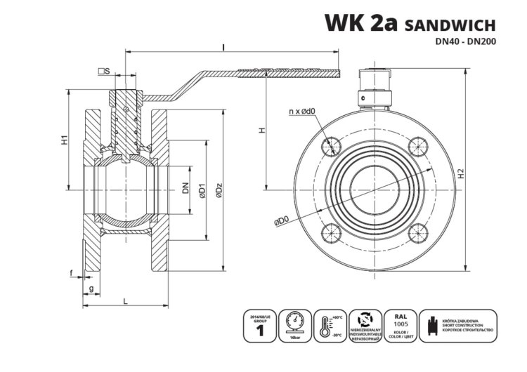IDMAR Zawór kulowy kołnierzowy do gazu DN40 WK2a 1.6MPa Sandwich- - schemat
