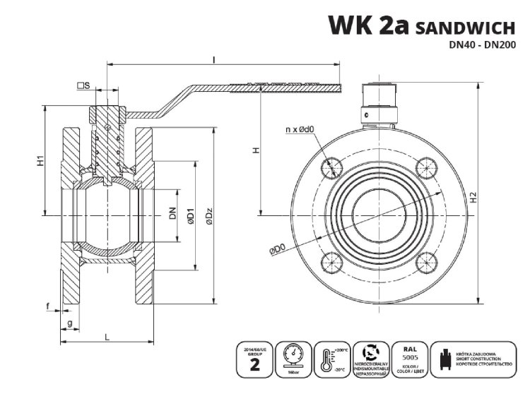 IDMAR Zawór kulowy kołnierzowy do wody DN40 WK2A Sandwich 1.6MPa - schemat