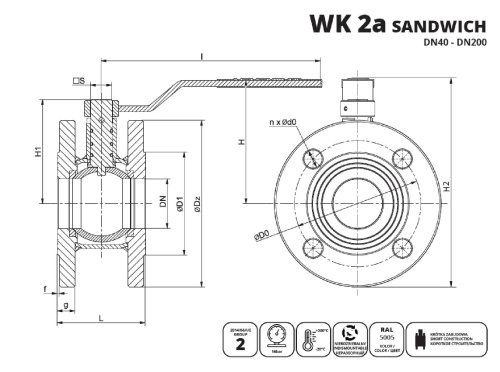 IDMAR Zawór kulowy kołnierzowy do wody DN50 WK2A Sandwich 1.6MPa;  APA05010016820