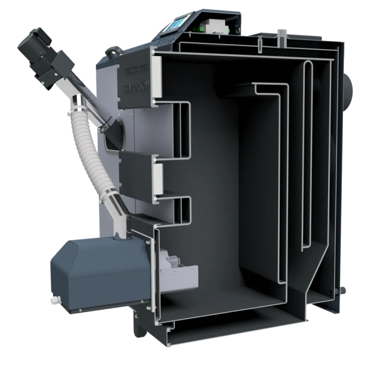 TERMO-TECH Kocioł pelletowy PELL DUO+ 18kW z automatycznym rozpalaniem, wygaszaniem i podajnikiem z prawej strony;  001KRS-PLD-018-0P
