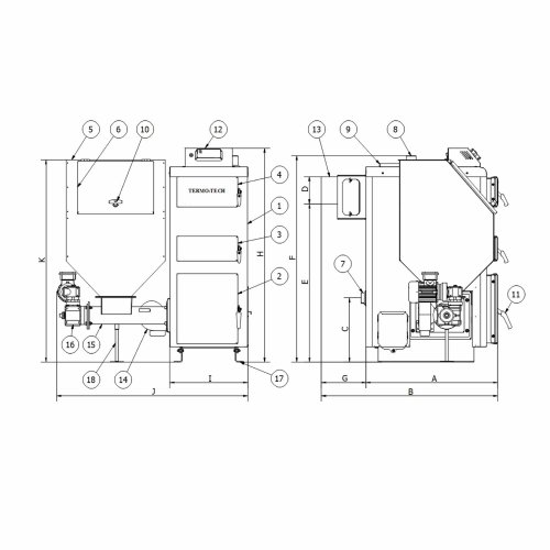 TERMO-TECH Ekologiczny kocioł 5 klasy KRS TECH DUO 75kW z palnikiem retortowym i podajnikiem z prawej strony; 001KRS-TDU-075-P1