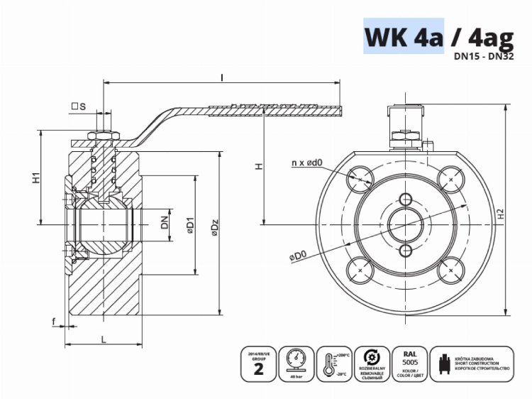 IDMAR Zawór kulowy blokowy do wody DN32 WK4ag 4.0MPa otwory gwintowane  APA03210740033