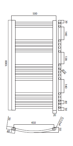 IDMAR Grzejnik łazienkowy 500x1000 biały profilowany; BPUO500X1000B