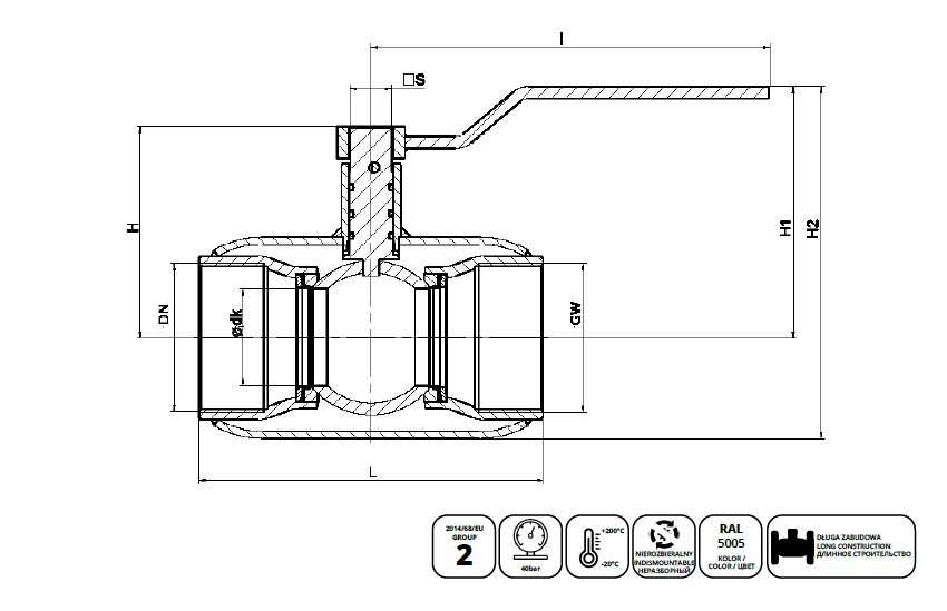 Wymiary zaworu WKP2g DN20 – rysunek techniczny