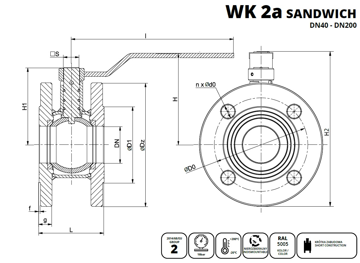 Wymiary zaworu WK2A DN80 – rysunek techniczny