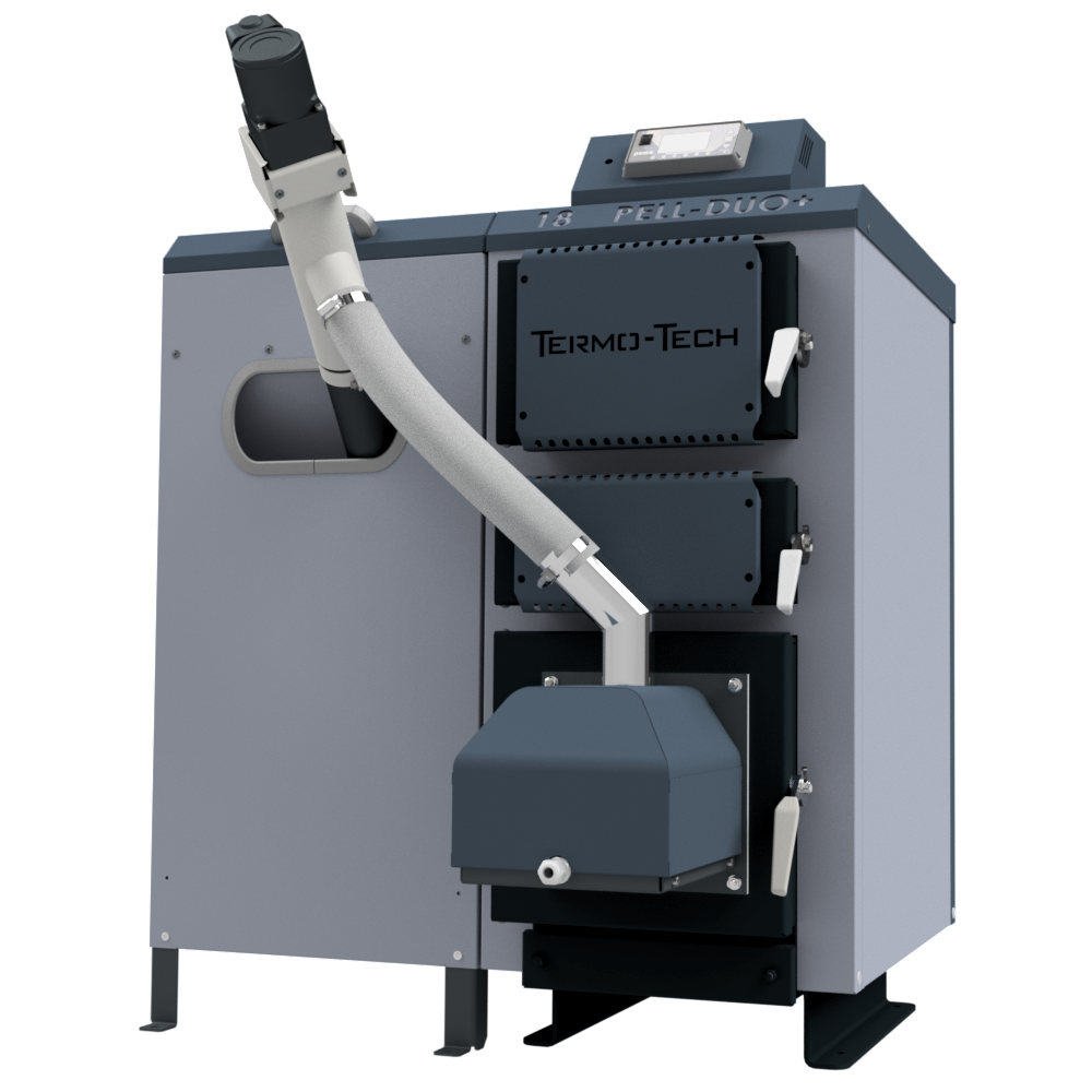 TERMO-TECH Kocioł pelletowy PELL DUO+ 18kW z automatycznym rozpalaniem, wygaszaniem i podajnikiem z prawej strony;  001KRS-PLD-018-0P